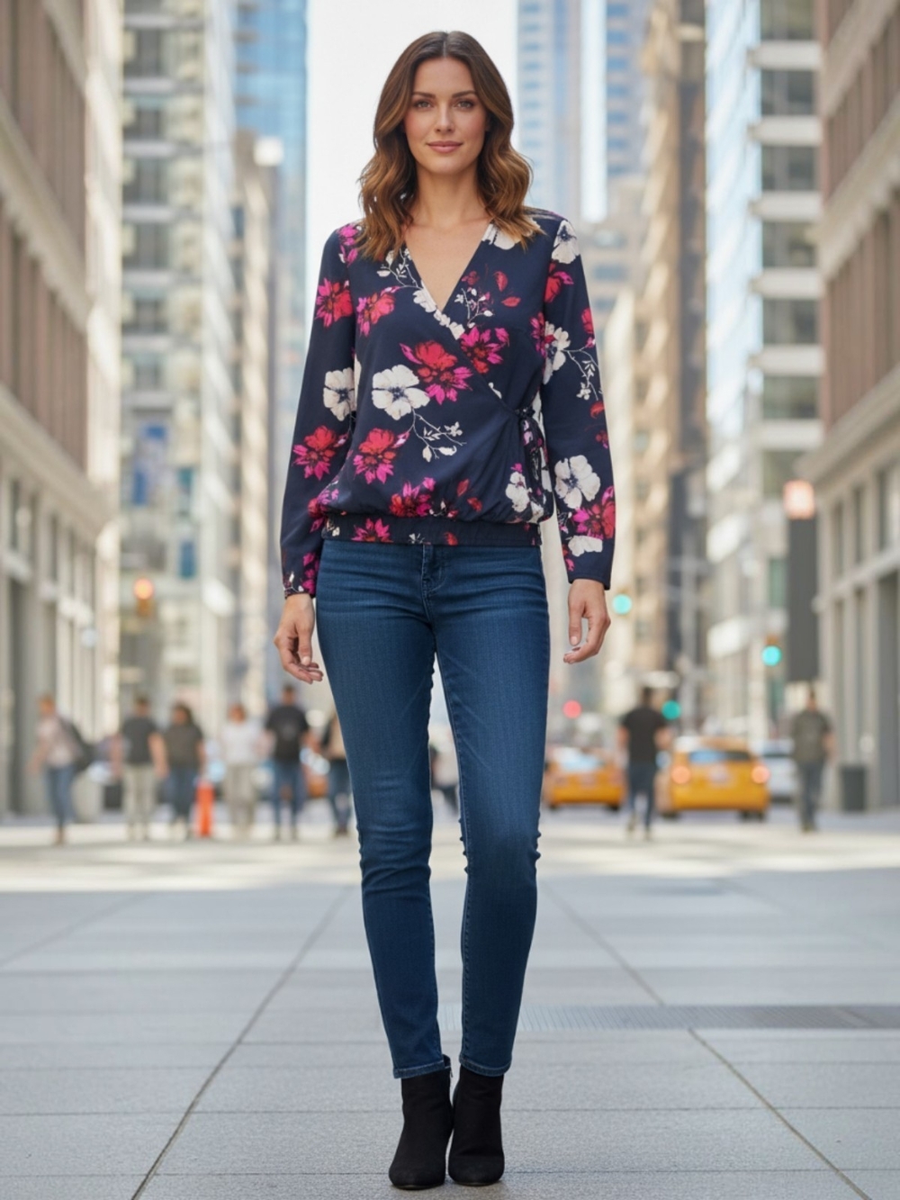 a new day Navy Floral Wrap Blouse with Pink & White Blooms